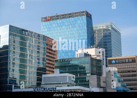 Grattacieli a Myeongdong, Seoul, Corea del Sud Foto Stock