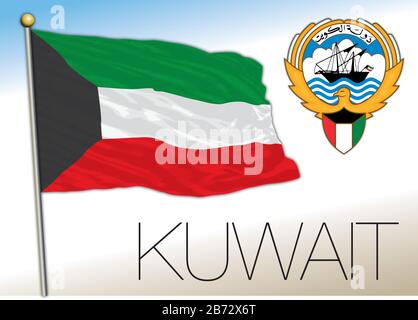 Bandiera e stemma ufficiale del Kuwait, paese asiatico, illustrazione vettoriale Illustrazione Vettoriale