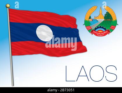 Bandiera e stemma ufficiale del Laos, paese asiatico, illustrazione vettoriale Illustrazione Vettoriale
