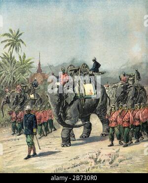 Incisione - Guerra Franco Siamese nel luglio 1893, le truppe Siamesi in marzo - raccolta privata Foto Stock