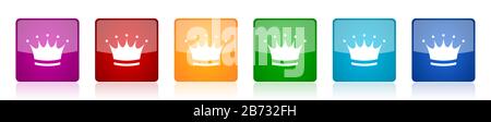 Set di icone a corona, illustrazioni vettoriali lucide quadrate colorate in 6 opzioni per il web design e le applicazioni mobili Illustrazione Vettoriale