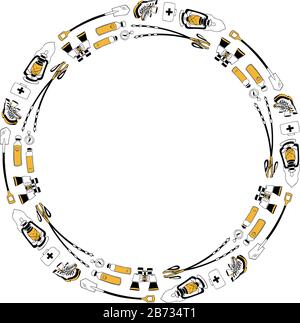 Modello vettore. Cornice circolare moderna per escursioni, design di viaggio. Modello con attrezzatura da campeggio. Kit di pronto soccorso, lampada da tempesta, pala, bastoni da trekking Illustrazione Vettoriale