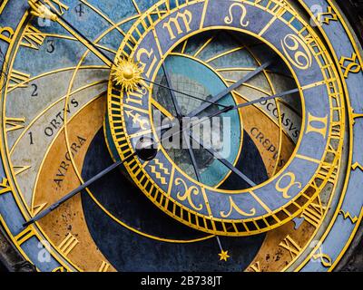 Dettaglio dell'orologio astronomico nella Piazza della Città Vecchia di Praga, Repubblica Ceca. Foto Stock