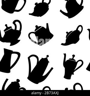 Disegno senza cuciture con profilo nero, teapots, disegno vettoriale piatto su sfondo bianco. Illustrazione Vettoriale