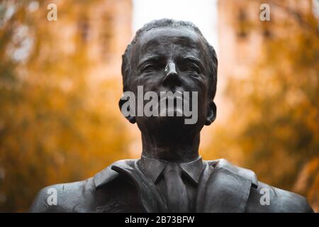 Statua di busto del re Baudouin (Koning Boudewijn - Roi Baudouin) del Belgio con sfondo autunnale Foto Stock