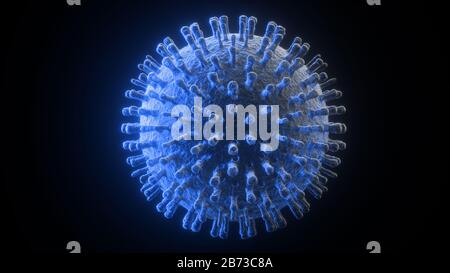 illustrazione 3d primo piano del virus corona blu isolato su sfondo nero Foto Stock