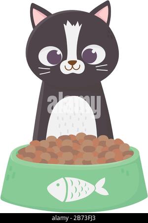 i gatti mi rendono felice, gatto carino seduta con ciotola riempito cibo cartone animato illustrazione vettoriale Illustrazione Vettoriale