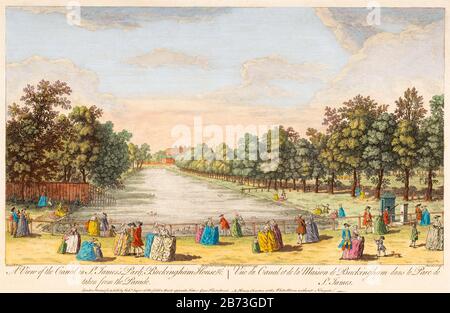 Vista del canale a St James's Park e Buckingham Palace, Londra, dalla Horse Guard's Parade, illustrazione del XVIII Secolo di Robert Sayer, dopo Canaletto, 1753 Foto Stock