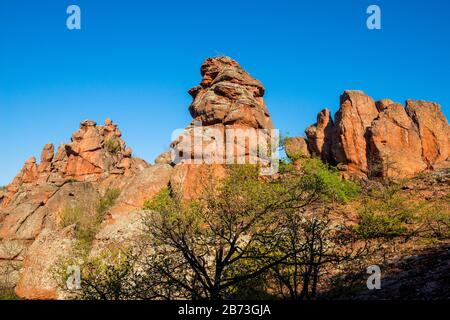 Le rocce di Belogradchik (Bulgaria) - sculture di roccia di colore rosso parte del Patrimonio Mondiale dell'UNESCO che sono stati nominati al nuovo mondo Foto Stock