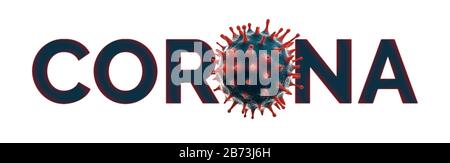 Testo Corona con vista microscopica del romanzo Coronavirus (2019-nCoV). Panoramico e isolato su bianco. Foto Stock