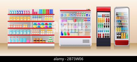 Scopri frigoriferi, vetrine refrigeranti con confezioni di prodotti colorate Illustrazione Vettoriale