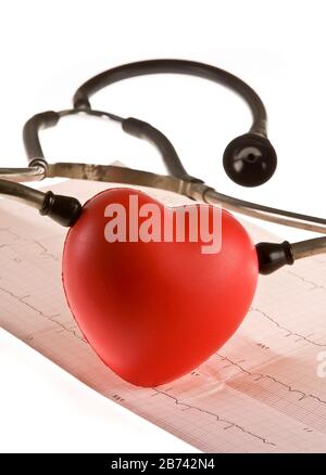 Lo stetoscopio e cuore giacente su un cardiogram Foto Stock