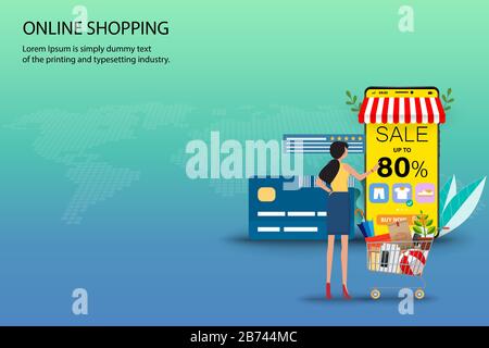 Concetto di shopping online, businesswoman è in piedi con le merci nel carrello di fronte alla carta di credito e smartphone che mostrano il tasso di sconto. Illustrazione Vettoriale