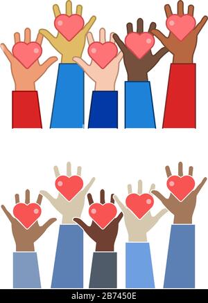 Concetto di beneficenza, volontariato e donazione. Alzate le mani umane con cuori rossi. Le mani tengono in mano i simboli del cuore. Stile piatto Illustrazione Vettoriale