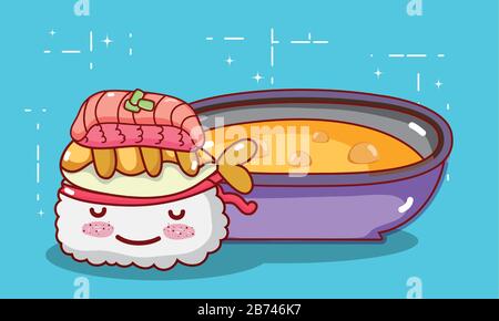 kawaii sushi tempura pesce e zuppa cibo giapponese cartoni animati illustrazione vettoriale sushi e rotoli Illustrazione Vettoriale