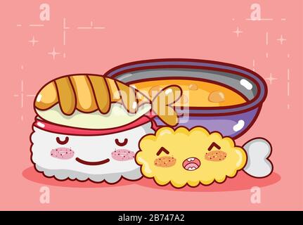 kawaii tempura rotolo di pesce e zuppa alimentare giapponese cartoni animati vettoriali illustrazione sushi e rotoli Illustrazione Vettoriale