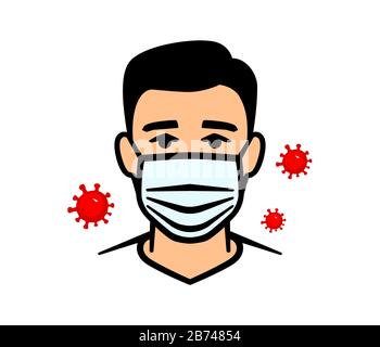 Uomo in maschera protettiva contro le malattie infettive e l'influenza. Maschera facciale. Concetto di assistenza sanitaria. Illustrazione vettoriale. Illustrazione Vettoriale