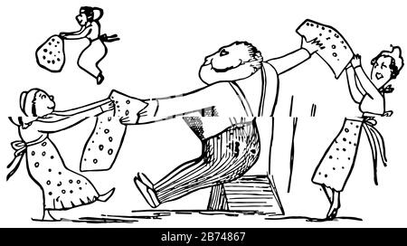 Edward Lear's Rhymes, questa scena mostra un uomo è seduto e strappare il suo gilet in pezzi e dando a tre femmine, vintage linea disegno o incisione Illustrazione Vettoriale