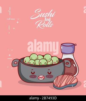 kawaii cottura pentola piselli carne e sake alimentare giapponese cartoon vettoriale illustrazione sushi e rotoli Illustrazione Vettoriale