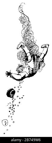 Lay la Colpa, questa scena mostra un uomo che cade, cappello e monete in aria, linea vintage disegno o incisione illustrazione Illustrazione Vettoriale