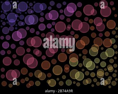 bokeh si illumina su sfondo nero, cerchi trasparenti al buio, luminosi colori tondi, effetto boke, incandescente cerchi effetto, tondi Foto Stock