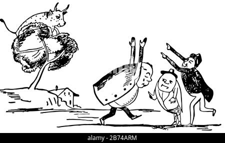 Edward Lear's Rhymes, questa scena mostra tre uomini che alzano le mani e mucca su albero, casa in background, linea d'epoca disegno o incisione illustrazione Illustrazione Vettoriale