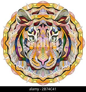 Testa tigre Zentangle con mandala . Illustrazione vettoriale decorativa disegnata a mano Illustrazione Vettoriale