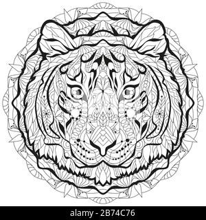 Testa tigre Zentangle con mandala. Illustrazione vettoriale decorativa disegnata a mano per la colorazione Illustrazione Vettoriale