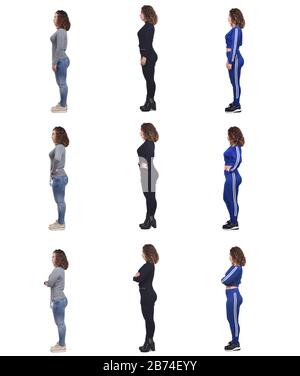 la stessa donna con abiti eleganti casual e abbigliamento sportivo in diverse pose su sfondo bianco Foto Stock