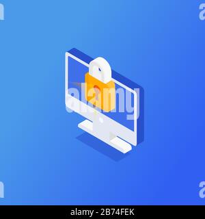 Protezione dei dati personali, foto da attacchi di hacker al computer. illustrazione vettoriale isometrica 3d Illustrazione Vettoriale
