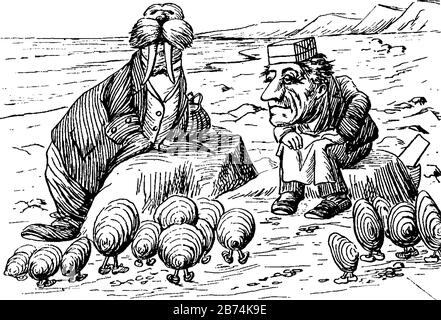 Un uomo seduto su roccia e wallrus in panni in piedi sulla riva, entrambi guardando conchiglie con gambe a piedi verso di loro, vintage linea disegno o incisione Illustrazione Vettoriale
