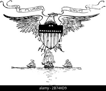 Il motto degli Stati Uniti prima del 1956, questo sigillo ha ampie ali aquila con motto e PLURIBUS UNUM ha scudo al suo petto, e tenendo ramo di albero a Illustrazione Vettoriale