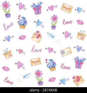 Elementi del giorno di San Valentino di scatola regalo, San Valentino, cupcake dolce e lettera d'amore, motivo senza cuciture acquerello Foto Stock