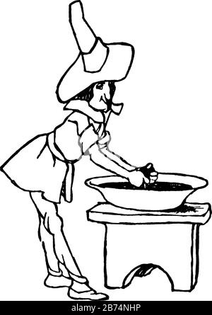 Un uomo che fa qualcosa in ciotola che ha tenuto sul tavolo, disegno di linea vintage o illustrazione di incisione Illustrazione Vettoriale