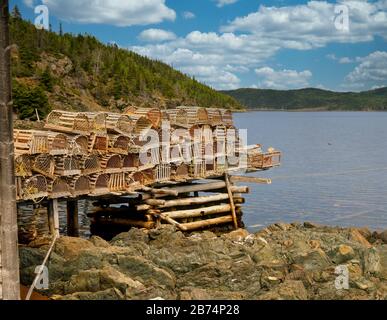 Trappole di aragosta in legno in Canada; Terranova e Labrador o The Rock Foto Stock