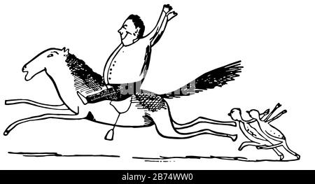 Edward Lear's Rhymes, questa scena mostra un uomo a cavallo a piena velocità, due persone dietro di lui, vintage linea di disegno o incisione illustrazione Illustrazione Vettoriale