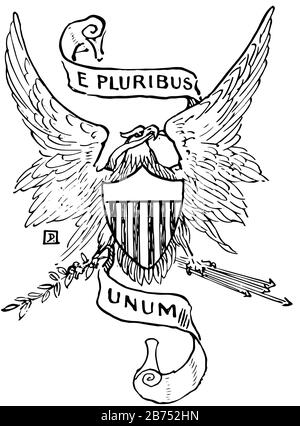 Il motto nazionale degli Stati Uniti d'America prima del 1956, questo sigillo ha ampie ali aquila con motto e PLURIBUS UNUM ha scudo al suo petto, un Illustrazione Vettoriale
