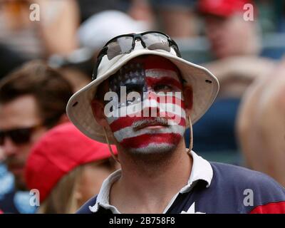 I fan partecipano alla HSBC World Rugby Sevens Series il giorno 3 all'Hong Kong Stadium. Foto Stock