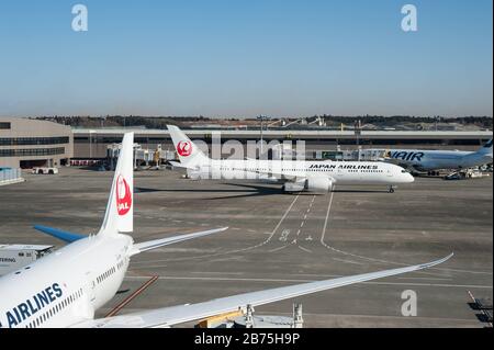 03.01.2018, Tokyo, Giappone, Asia - aereo passeggeri Japan Airlines all'aeroporto internazionale Tokyo-Narita. [traduzione automatica] Foto Stock