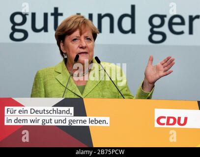 La cancelliera Angela Merkel parlerà il 6 settembre 2017 durante una campagna elettorale della CDU a Torgau. [traduzione automatica] Foto Stock