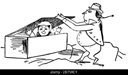 Rhymes di Edward Lear, questa scena mostra un vecchio uomo chiuso donna in su in una scatola, disegno di linea vintage o illustrazione di incisione Illustrazione Vettoriale