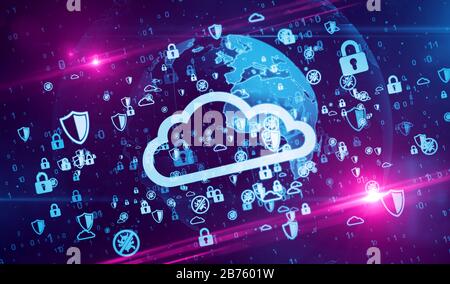 Cloud. Sicurezza informatica, protezione del computer e simboli di sicurezza digitali sull'illustrazione 3d del globo digitale. Concetto astratto sfondo del futuro technolo Foto Stock