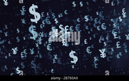 Simboli di denaro. Dollaro, Euro, Yen e sterlina icone di valuta volante 3d illustrazione. Concetto astratto sfondo digitale di finanza, banche e globaliz Foto Stock