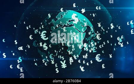 Simboli di denaro. Icone delle valute dollaro, euro, yen e sterlina su un'illustrazione digitale 3d del globo. Contesto concettuale astratto di finanza, banche e globali Foto Stock