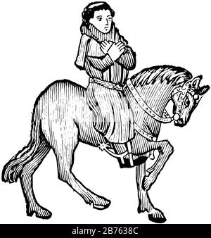 The Parson from Chaucer's Canterbury Tales, questa foto mostra Il Parson a cavallo, tenuto entrambe le mani sul petto uno su un altro, linea d'epoca dra Illustrazione Vettoriale