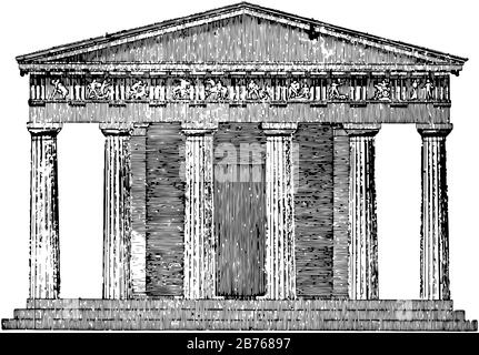 Tempio dorico, l'elevazione frontale, un tempio greco-peripterale Esastilo dorico, architettura greca classica, disegno o incisione di linee d'epoca Illustrazione Vettoriale