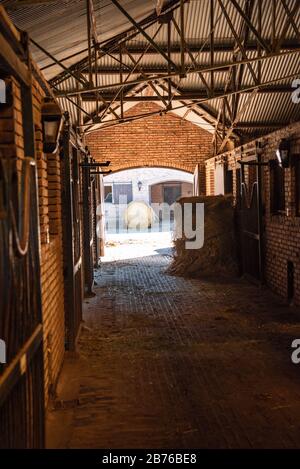 All'interno di una stalla di mattoni guardando attraverso una porta due rotoli di fieno e cavalli stalli Foto Stock