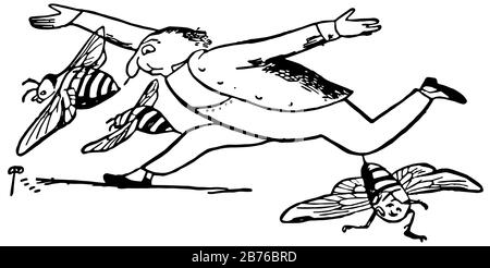 Rhymes di Edward Lear, questa scena mostra che un uomo sta correndo, tre api intorno a lui stunt il suo naso e le sue ginocchia, vintage disegno linea o incisione illustrr Illustrazione Vettoriale