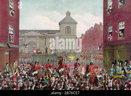 ESECUZIONE DI ROBERT EMMET il nazionalista repubblicano irlandese viene eseguito il 20 settembre 1803 a Thomas Street, Dublino, di fronte alla Chiesa di Santa Caterina Foto Stock