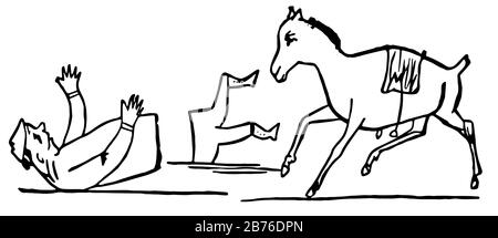 Rhymes di Edward Lear, questa scena mostra un vecchio uomo caduto a terra e diviso in due parti, cavallo vicino a lui, linea d'annata disegno o incisione illust Illustrazione Vettoriale